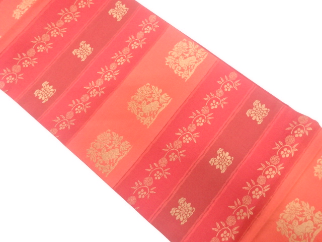 はくび織製　横段に花兎・笹蔓模様織り出し　袋帯